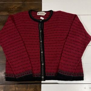 VINTAGE Bemidji Cardigan Sweater Womens Large Red Wool Fair Isle Button Preppy